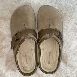Tan suede and leather mule shoes